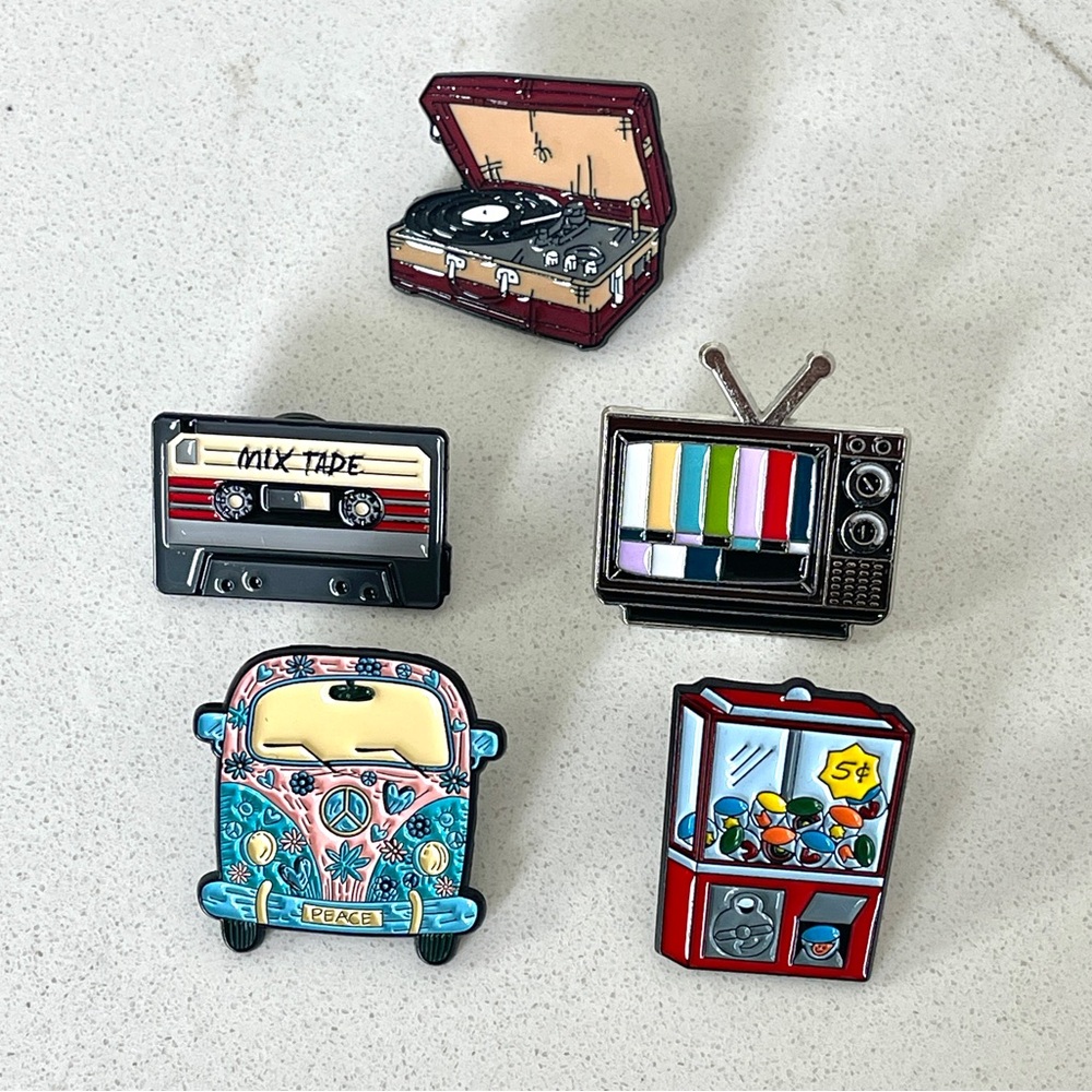 Retro Enamel Pin Set - Record Player, Cassette, TV, Van, Gumball Machine